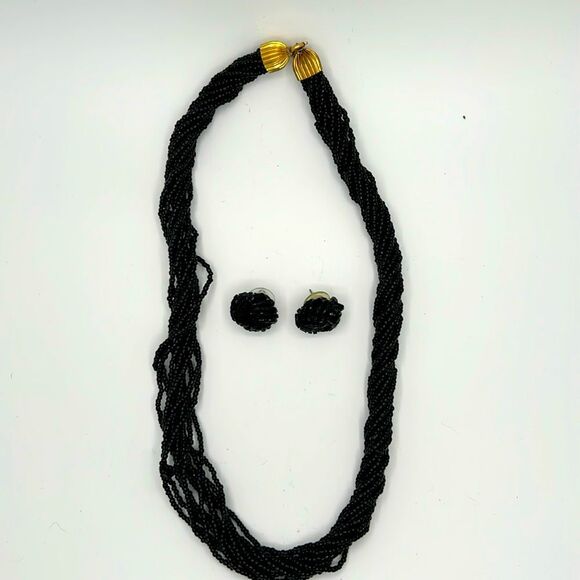 VIntage black glass seed bead necklace and coordinating earring set - 1980s - Picture 1 of 8